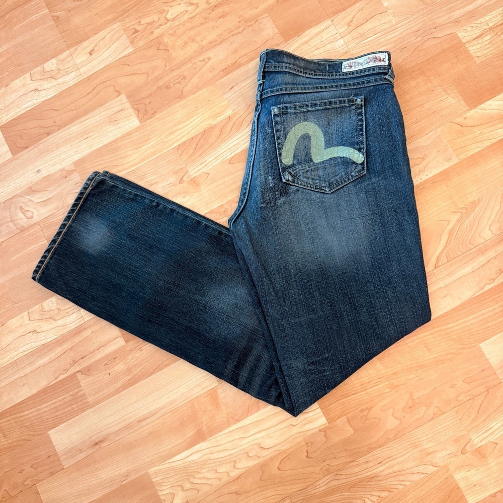 Evisu x Puma Mens Dark Wash Distressed Seagull Logo Jeans W30 L32 550561